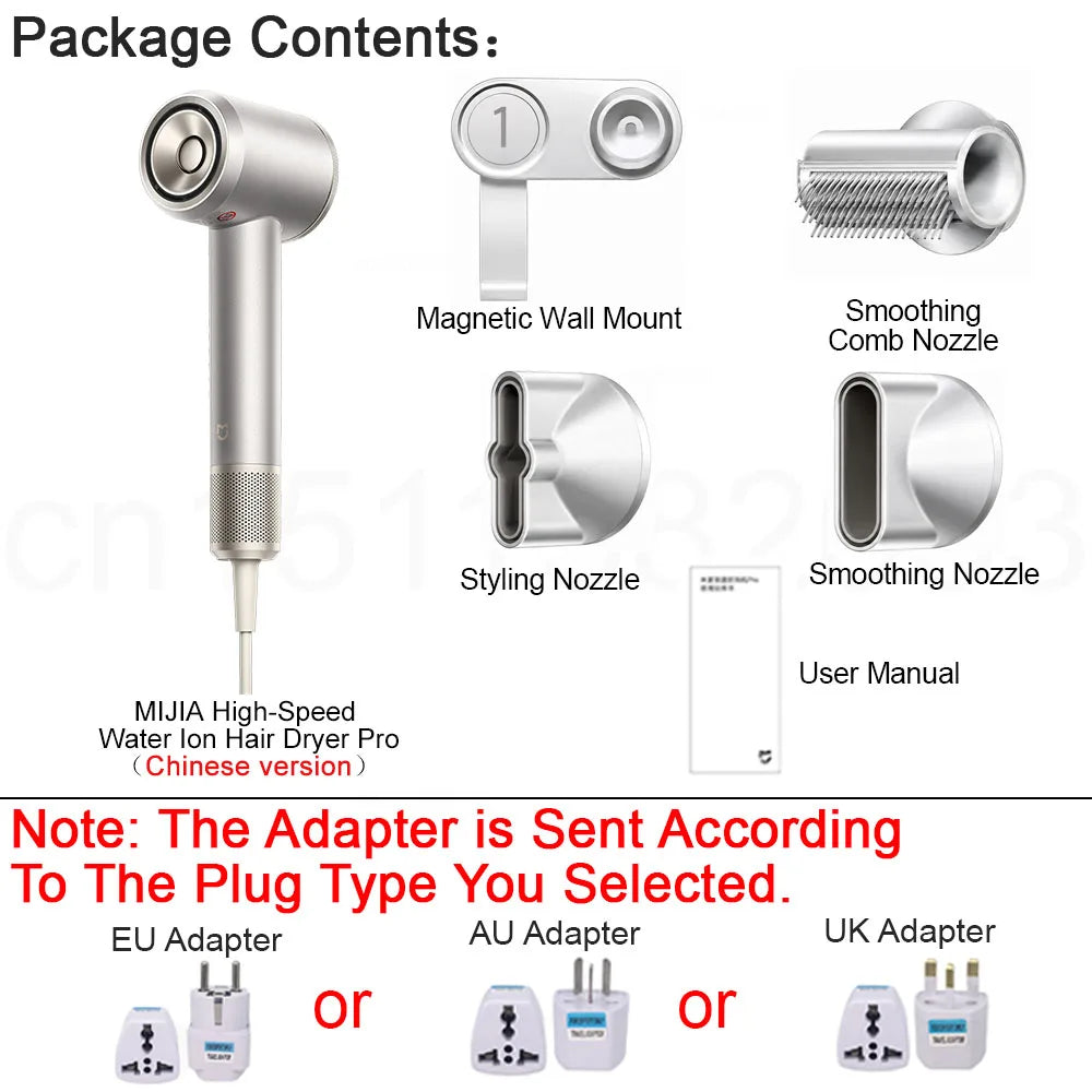 MIJIA High-Speed Water Ion Hair Dryer Pro set with magnetic nozzles, wall mount, and travel adapter in silver finish.