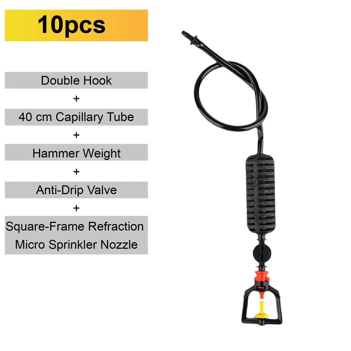 Inverted micro sprinkler nozzle set, square-frame refraction, black with capillary tube and double hook