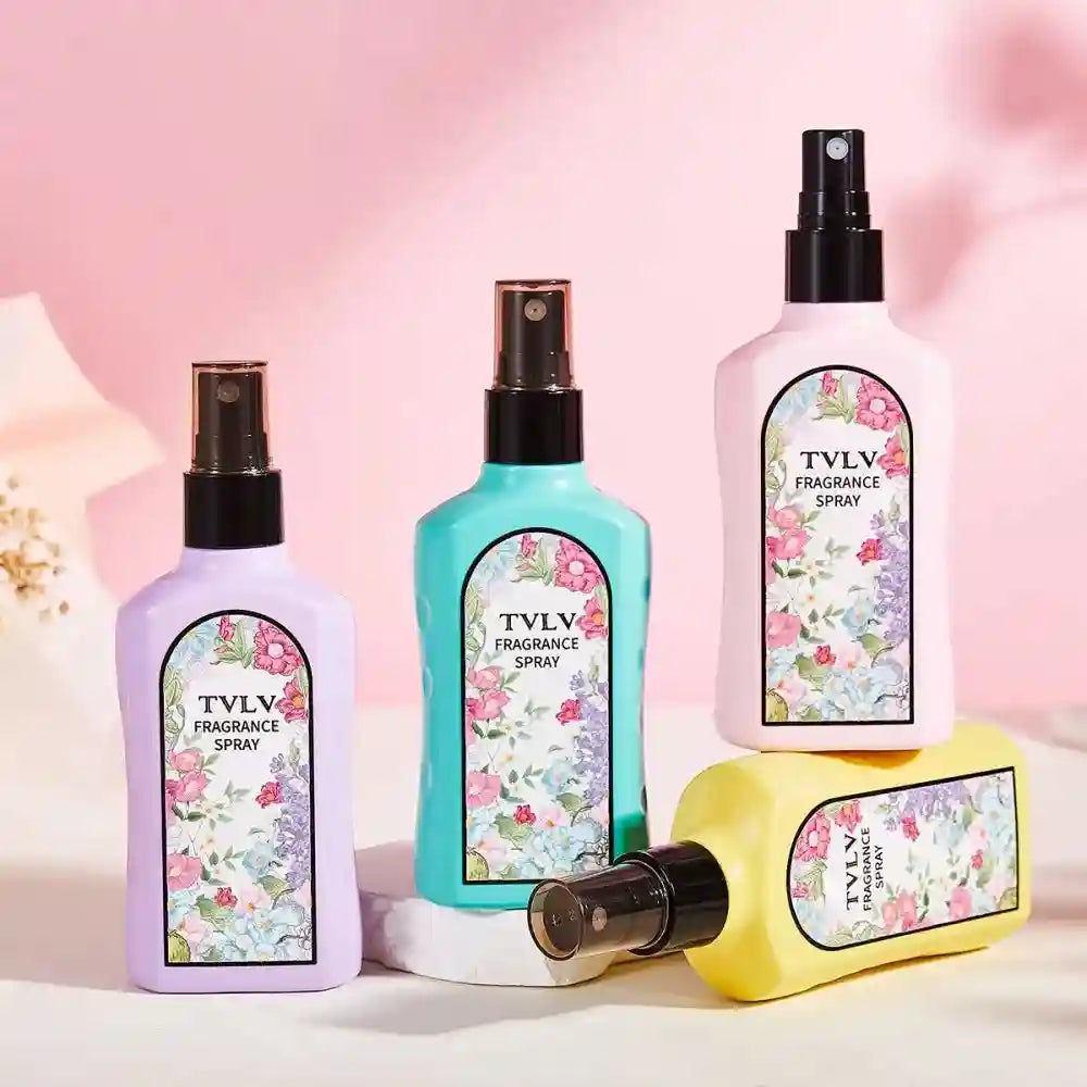 TVLV 4-piece alcohol-free floral fragrance spray set for men and women in colorful, sleek rectangular spray bottles.