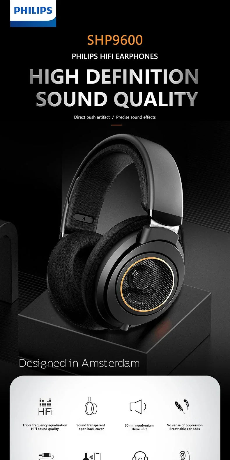 Philips SHP9600 Open-Back Wired Hi-Fi Headphones by Tidesmit Tidesmit