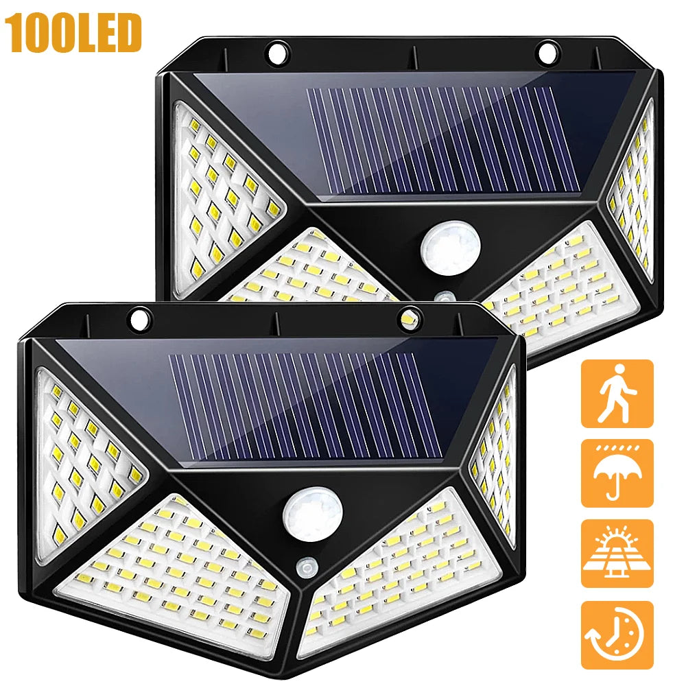 Solar Wall Lamp Outdoor Solar 100 LED Light 4 Sided Luminous Motion Sensor Waterproof Sunlight Garden Courtyard Decor Lighting