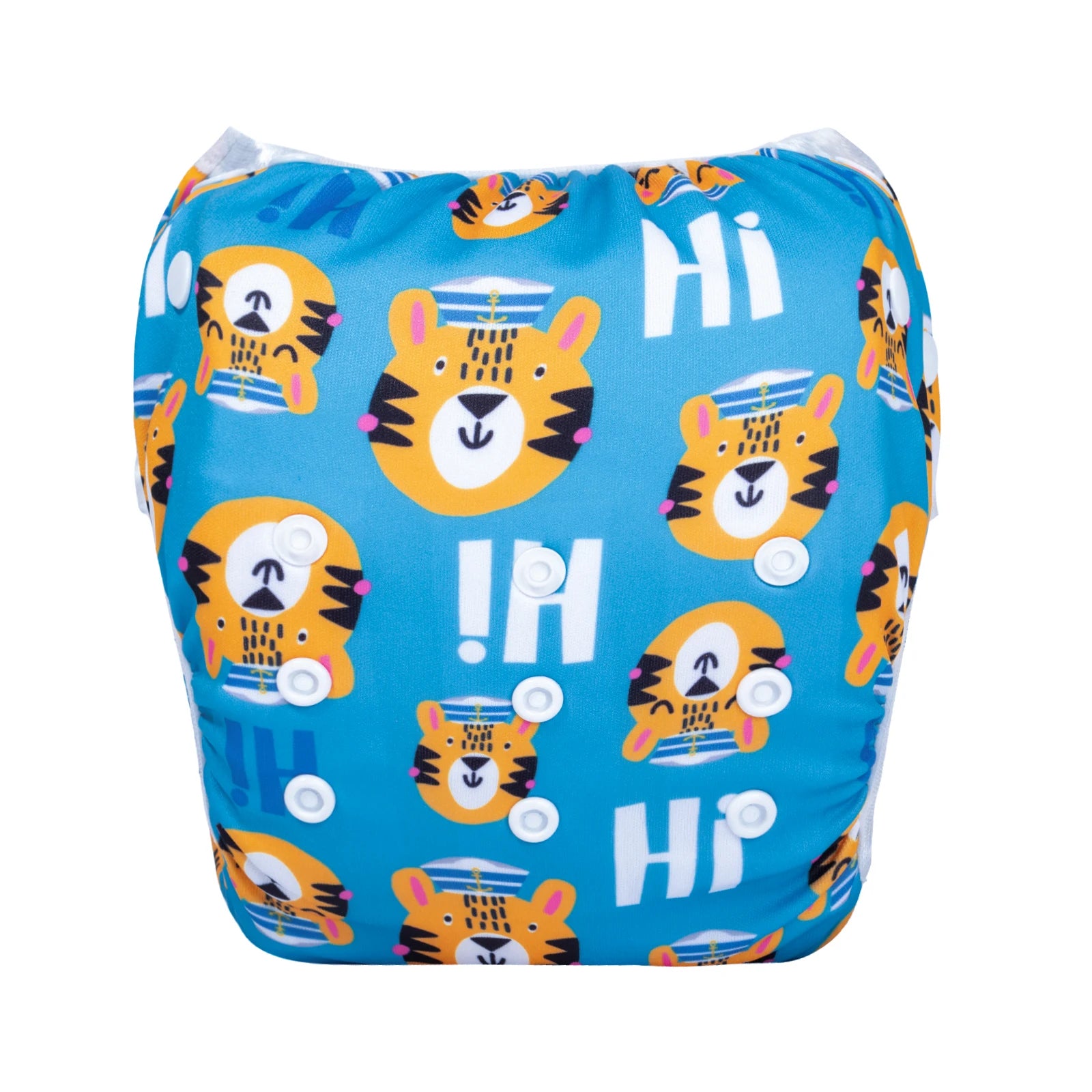 Reusable cloth baby diaper with a blue tiger and sailor hat print and adjustable snaps.