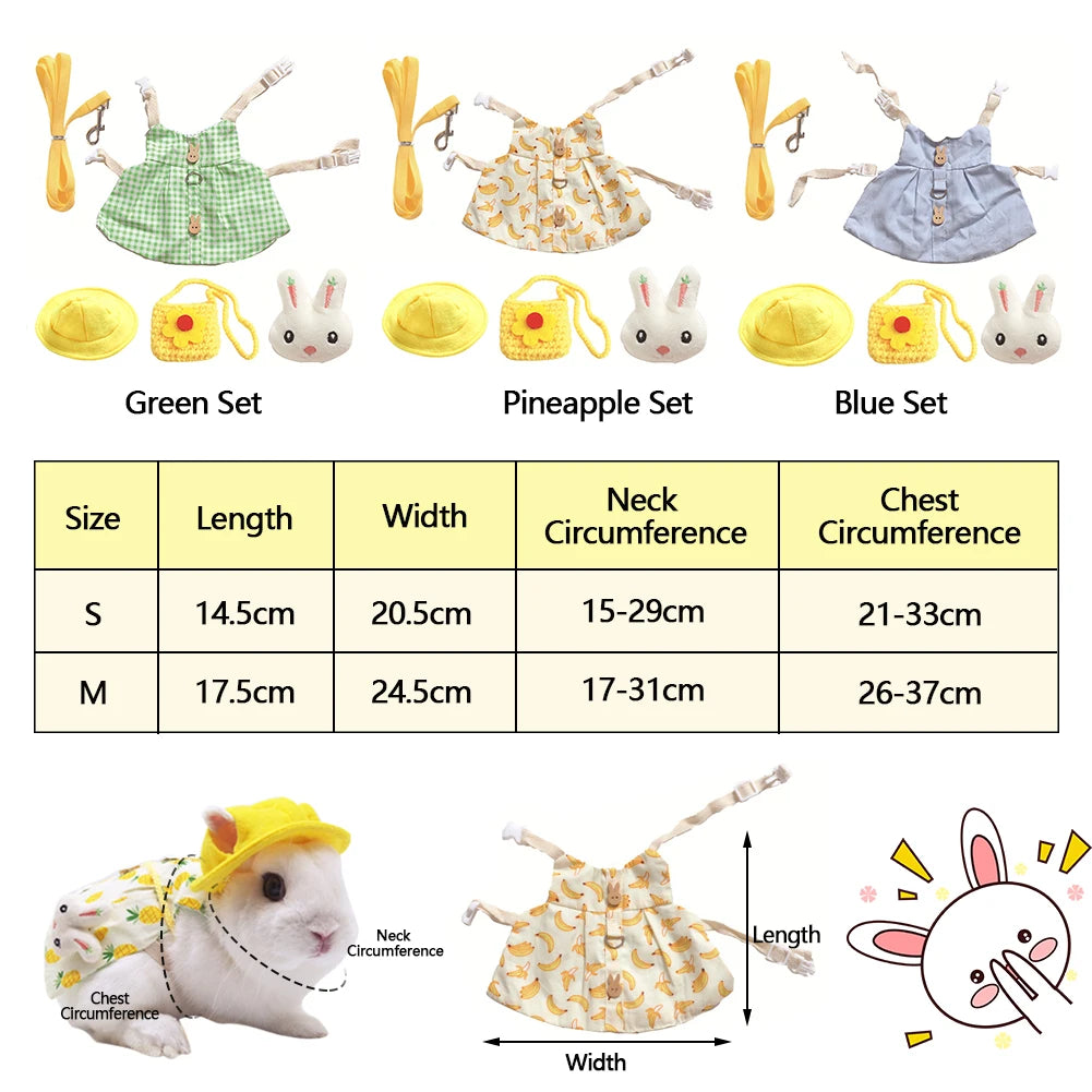 Cute rabbit harness vest set with leash, hat, and bag for small pets like guinea pigs. Outdoor walking apparel.