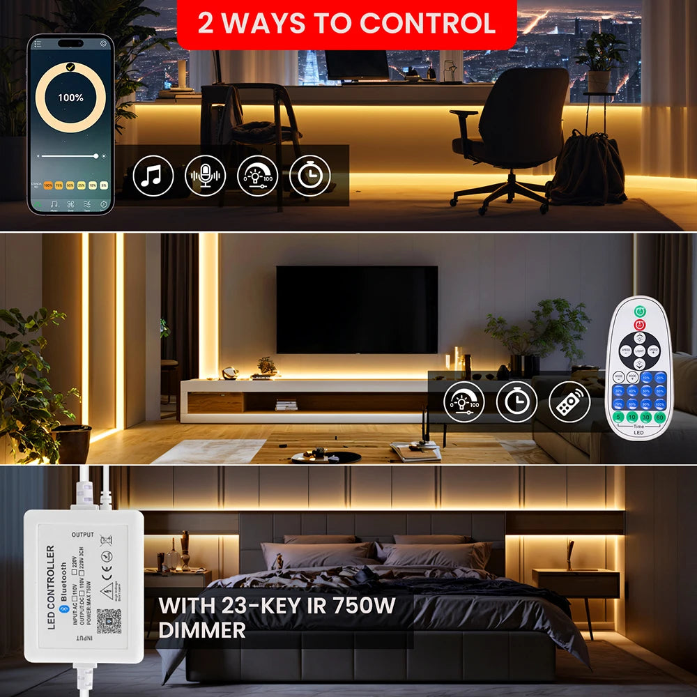 Dimmable 220V COB LED Strip Light WIFI Bluetooth Wall Touch 23key Remote Control Power Kit 288LED Flexible Tape Waterproof Lamp