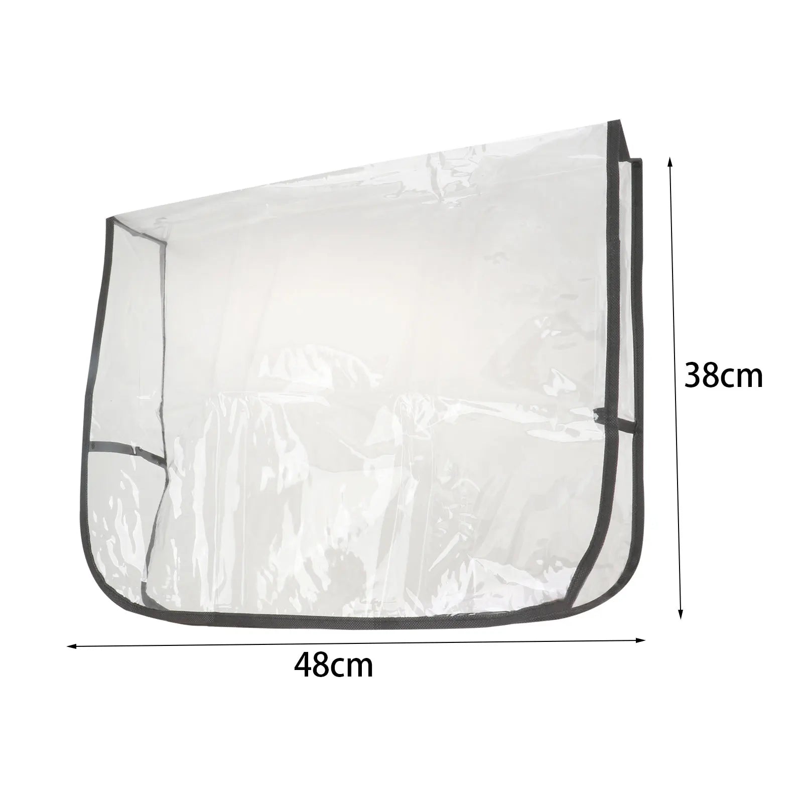 Clear plastic dust cover with black trim, 48x38cm, for protecting bags or garments from dust.
