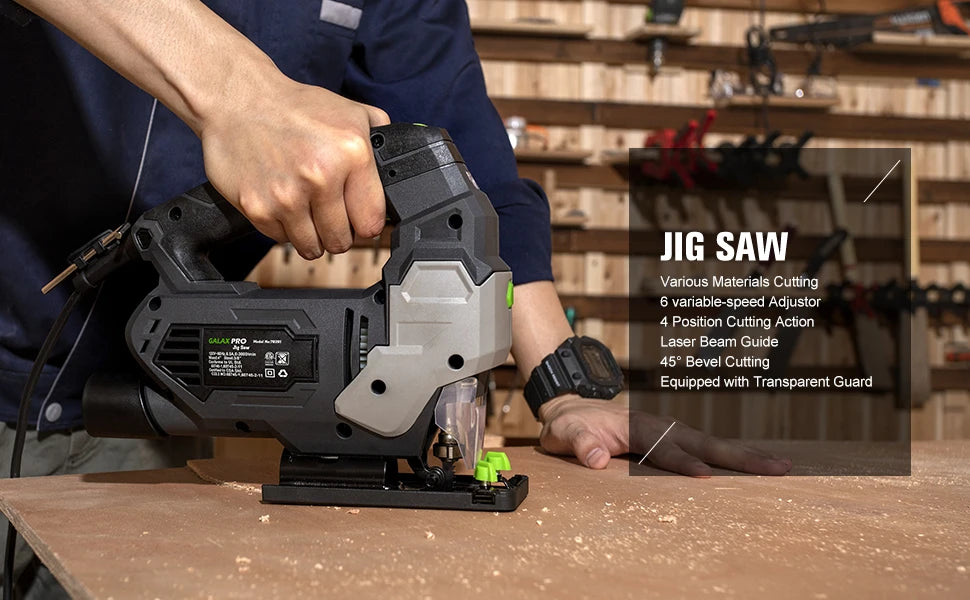 GALAX PRO Jig Saw 800W Powerful Motor Adjustable ±45° Cutting 3000 RPM Electric Saber Saw Wood Tool for Chainsaw DIY Woodworking