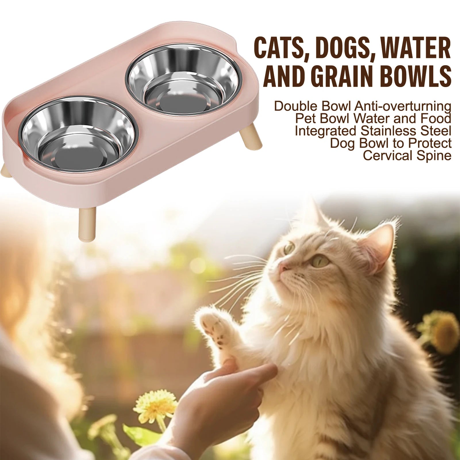 Elevated pink stainless steel dual pet feeder for cats and dogs to protect cervical spine and prevent slipping.