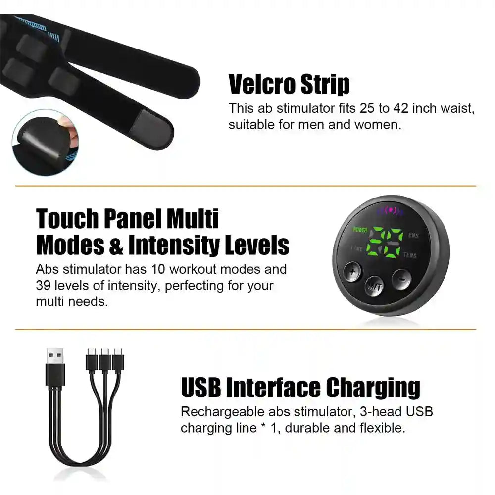 EMS Muscle Stimulator Belt | Rechargeable Electric Abdominal Trainer Massage Roller Tidesmit