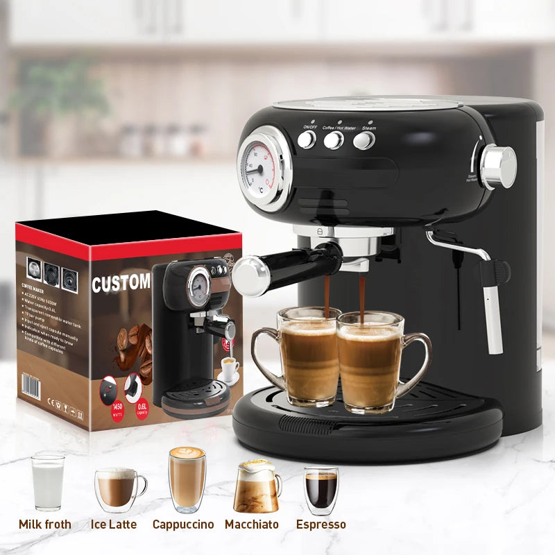 Black 1450W espresso coffee maker with steam wand, pressure gauge, and 0.6L capacity brewing two cups simultaneously.