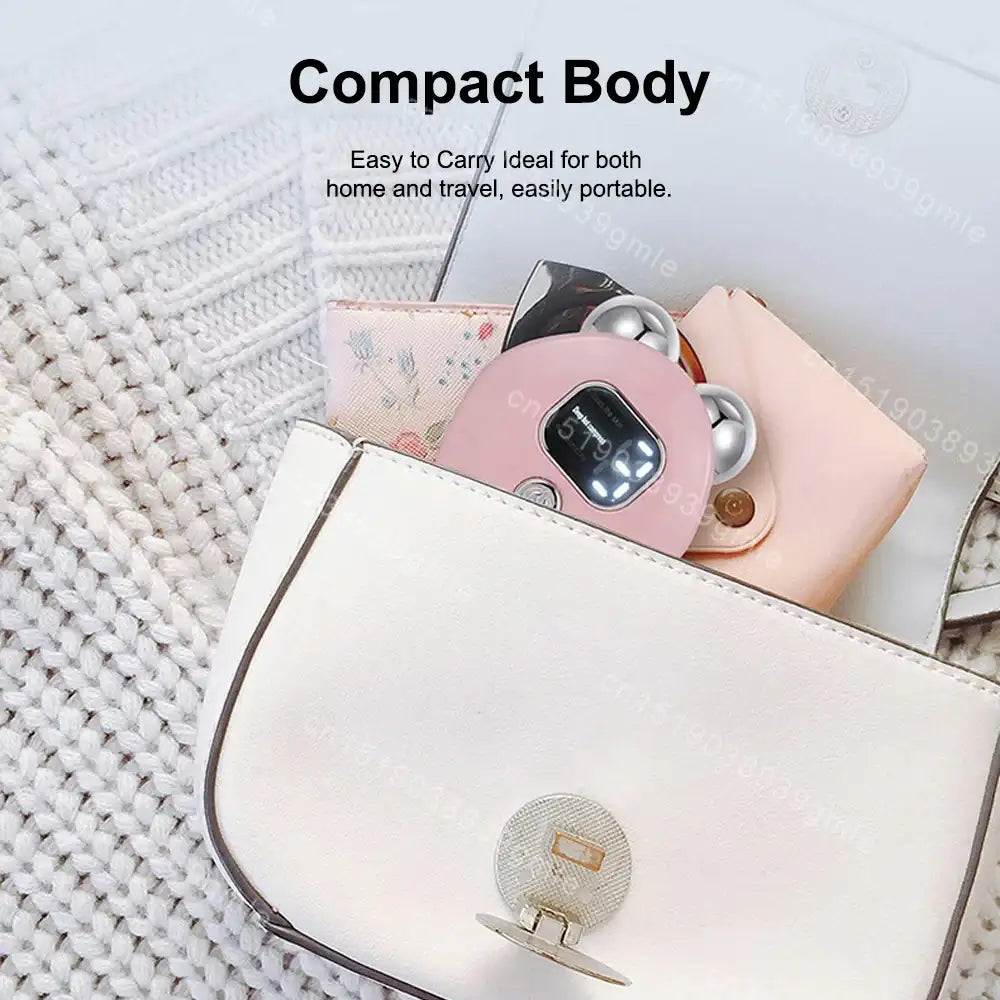 A pink, round facial massager with silver metal rollers inside a small white handbag.