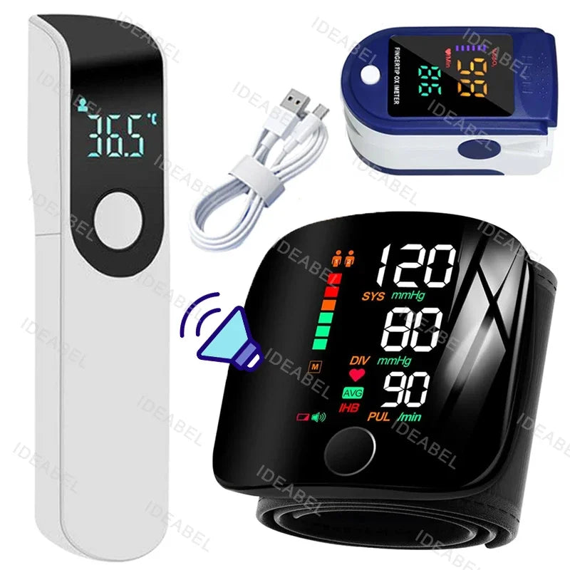 Wrist Blood Pressure Monitor LED Rechargeable English Voice Broadcast Tonometer BP Monitor Forehead Digital Thermometer