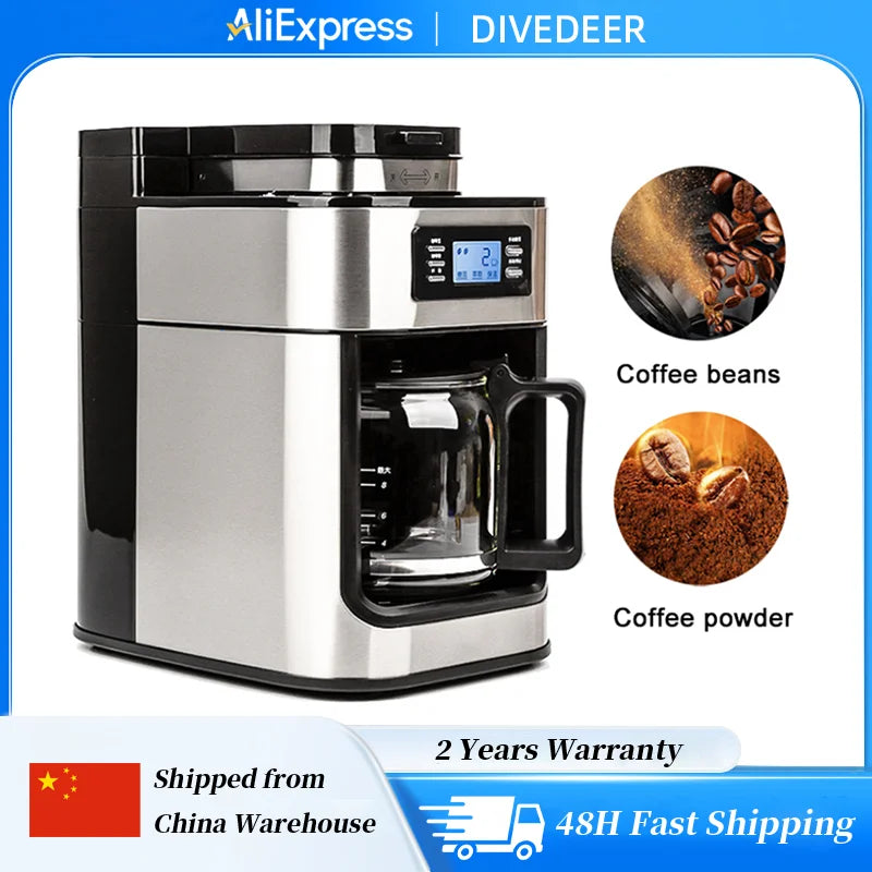 DIVEDEER stainless steel drip coffee maker with digital display, glass carafe, and integrated bean grinder.