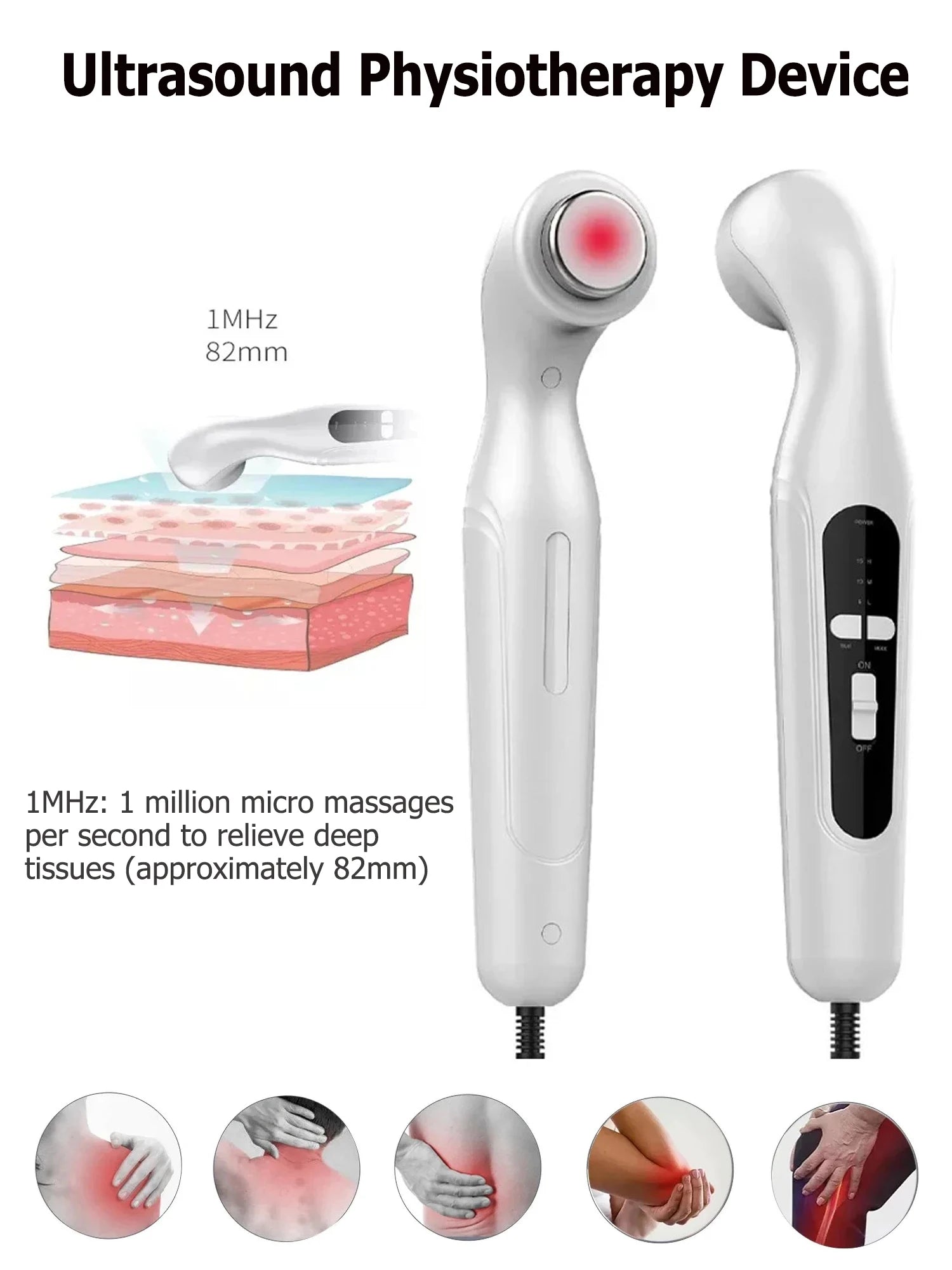 White handheld ultrasound physiotherapy massager for deep tissue pain relief, arthritis, and muscle stimulation therapy.