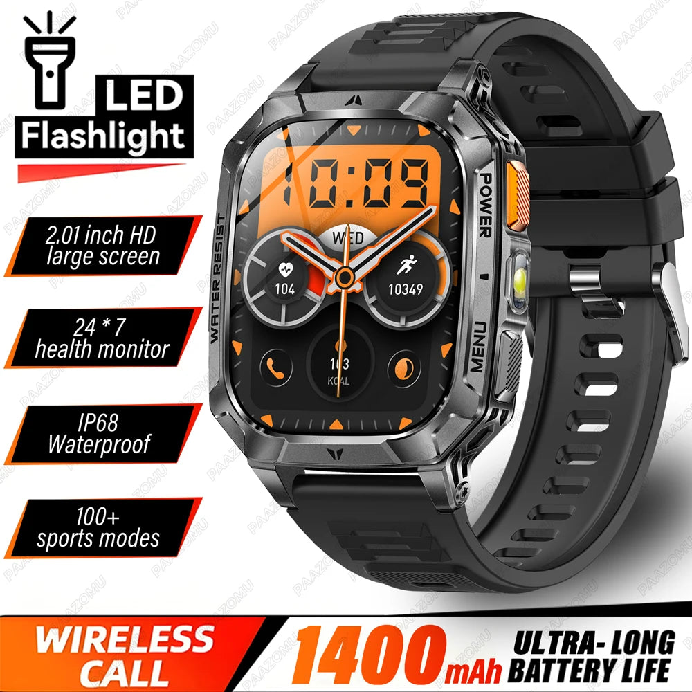 2026 New 1400mAh Big Battery Smart Watch Men Outdoor GPS Flashlight 10ATM Waterproof Bluetooth Call AMOLED HD Sports Smartwatch