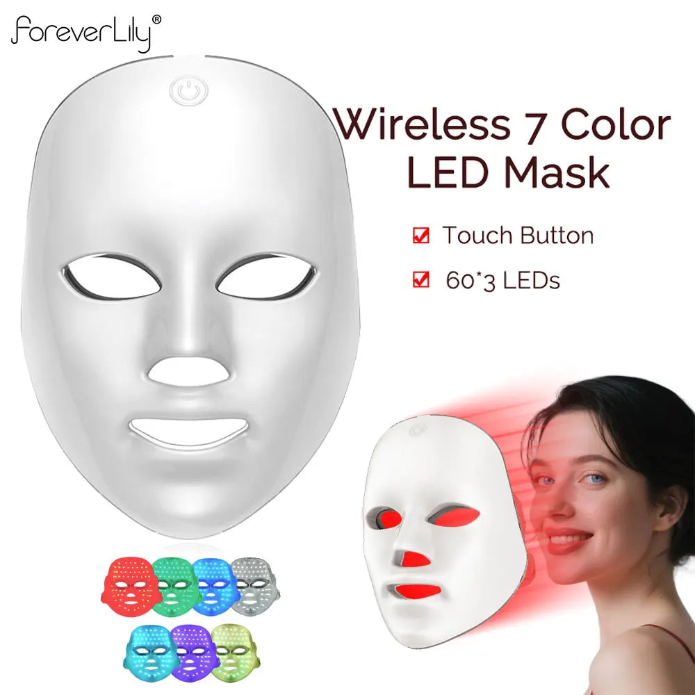 White wireless 7-color LED facial mask with touch button, shown being worn and with color options displayed below.