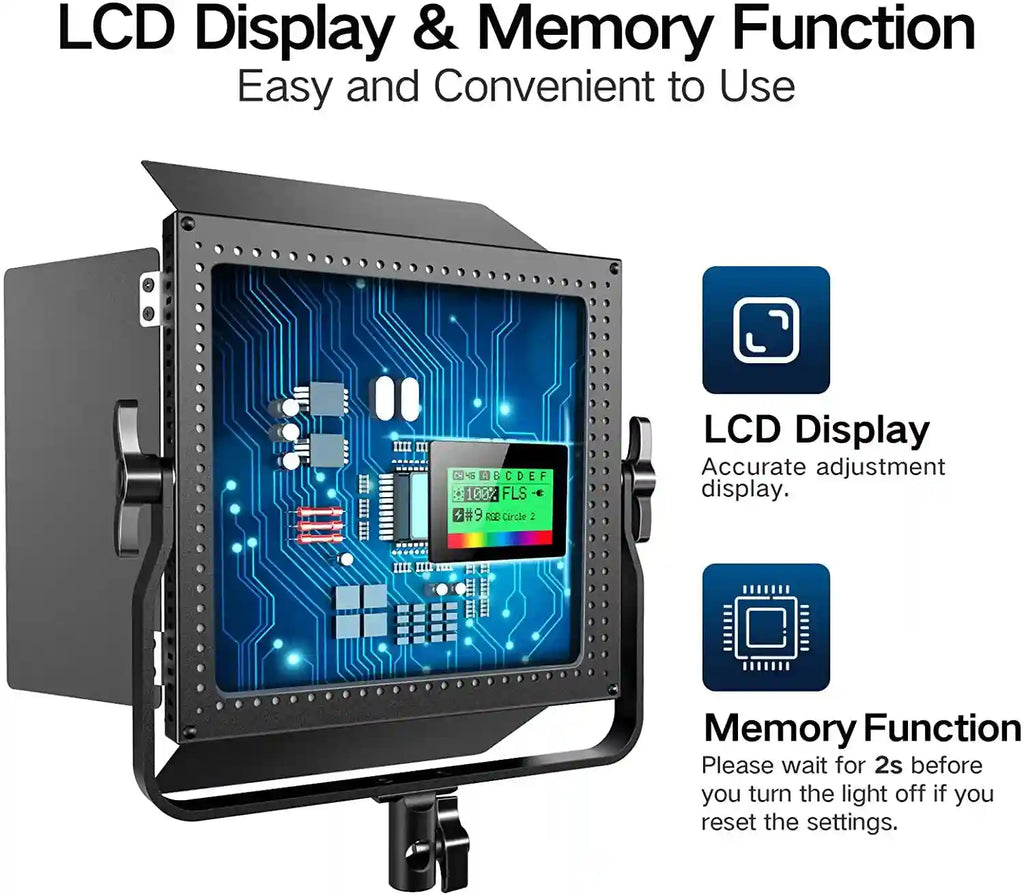 Square LED video panel with a black metal frame, digital LCD control screen, and memory function for lighting settings.