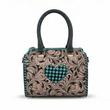 Genuine leather mini speedy duffel with floral pattern and checkered teal heart, black handles, weekender trunk style.