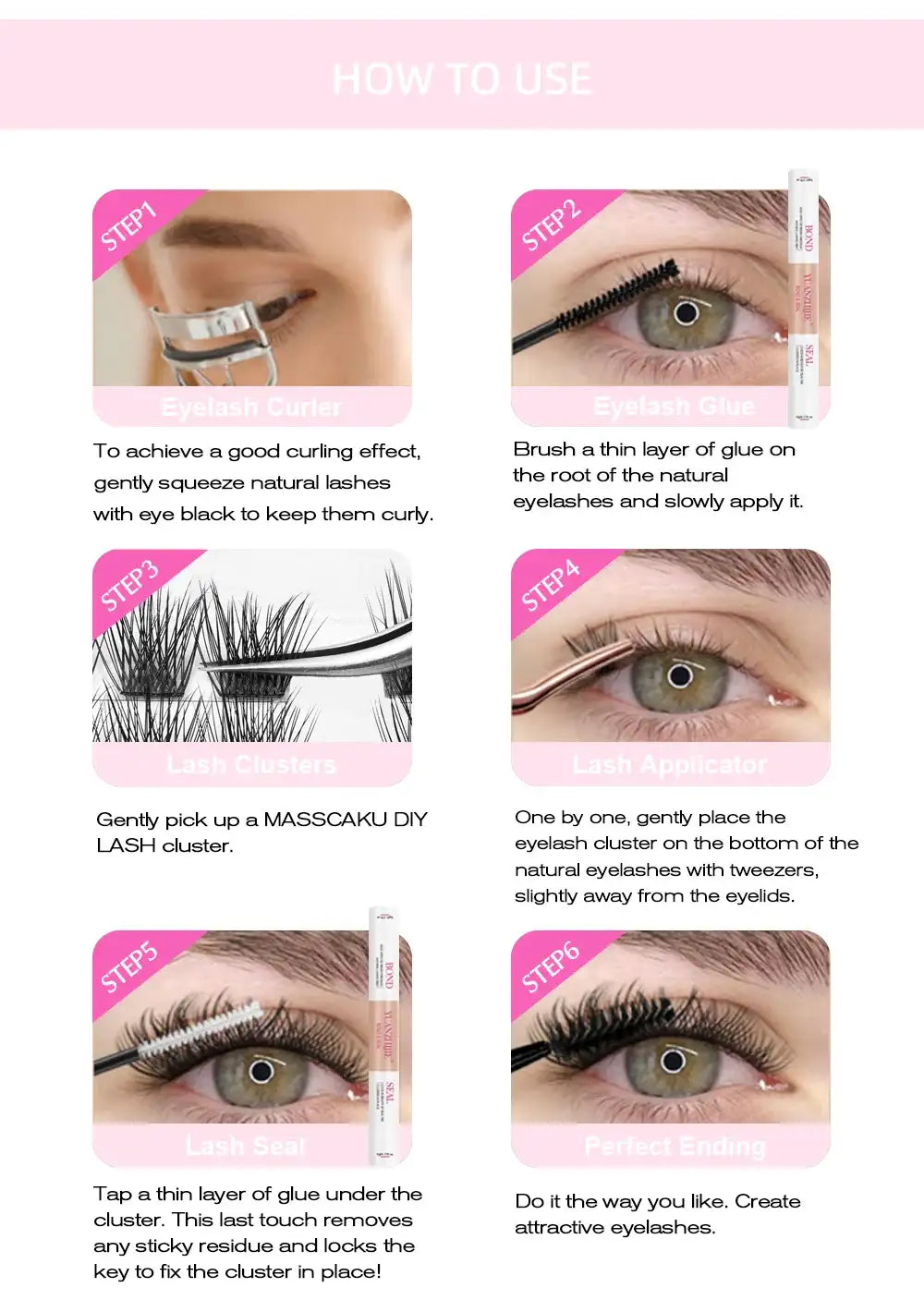 Six-step infographic demonstrating how to apply Tidesmit 144 cluster lash kit with tools and adhesive.