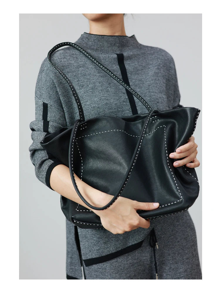 Women Large Capacity Genuine Leather Tote Soft Shoulder Bag