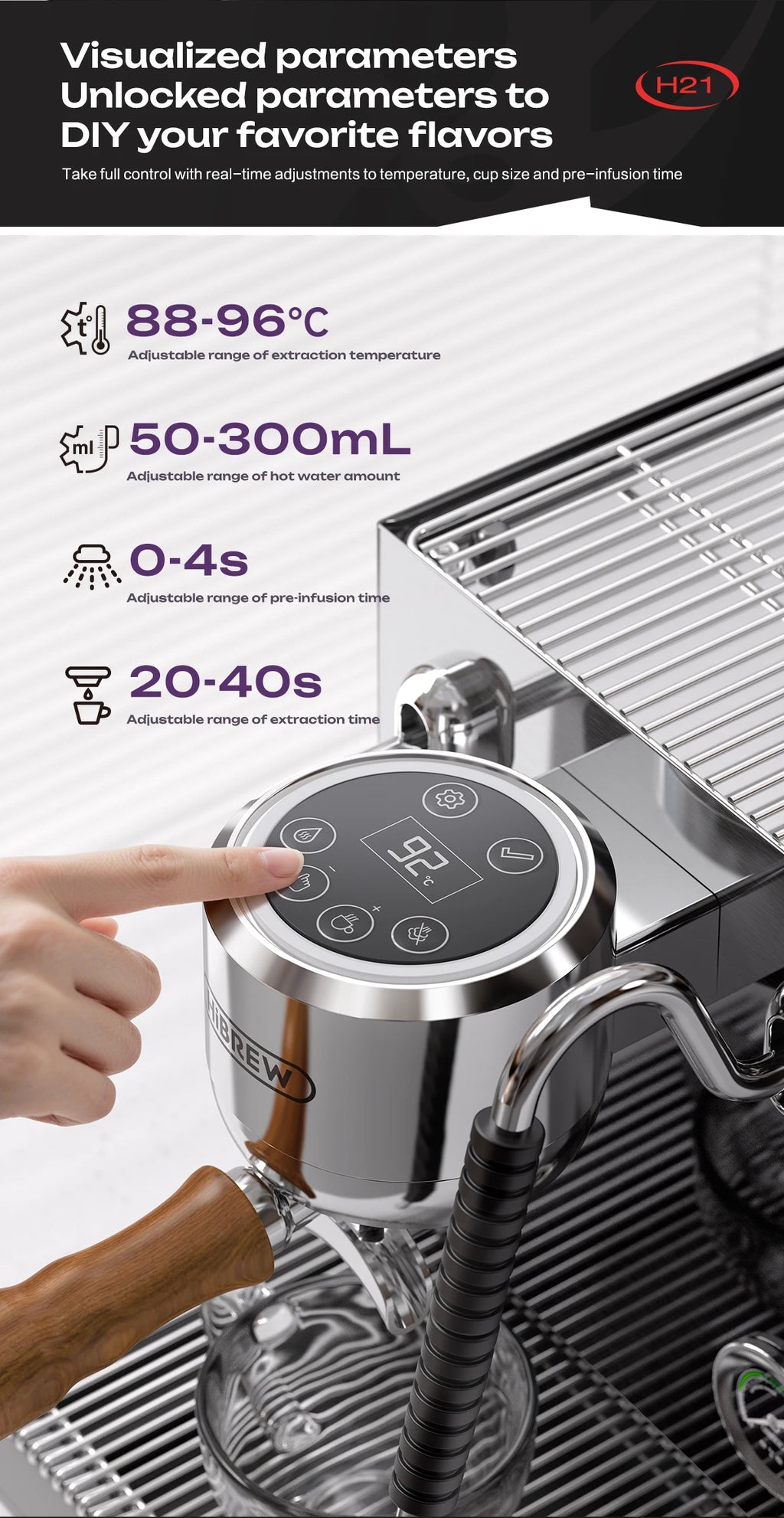 HiBREW H21 stainless steel espresso machine with digital touch display, adjustable temp, and wood handle portafilter.