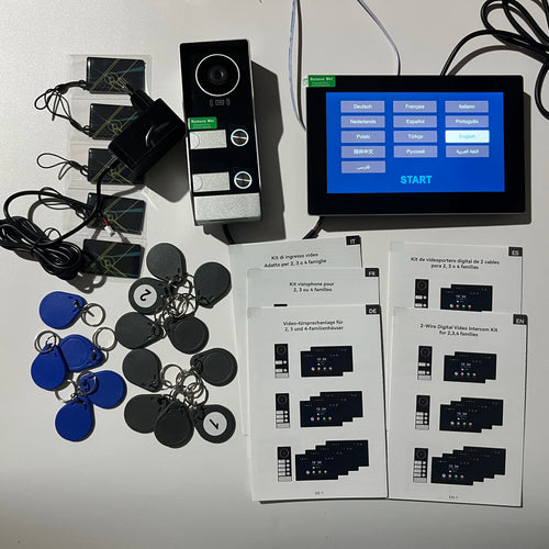2-wire digital video intercom kit components: video door panel, touch monitors, RFID key tags