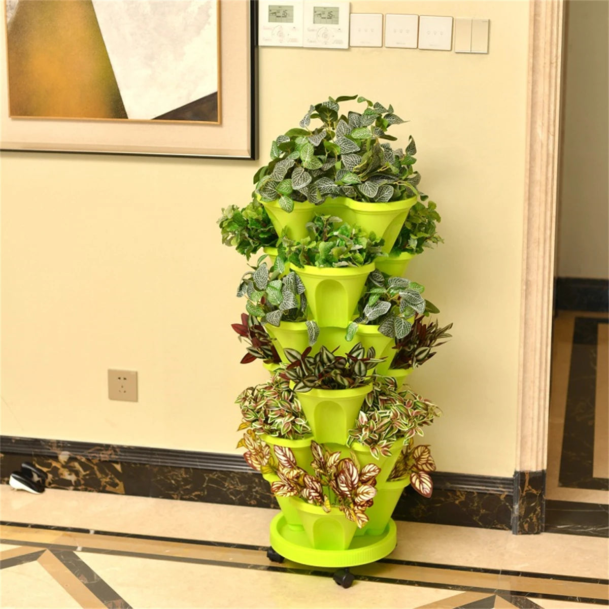 Neon green stackable vertical herb planter with multi-tier pots on rolling base