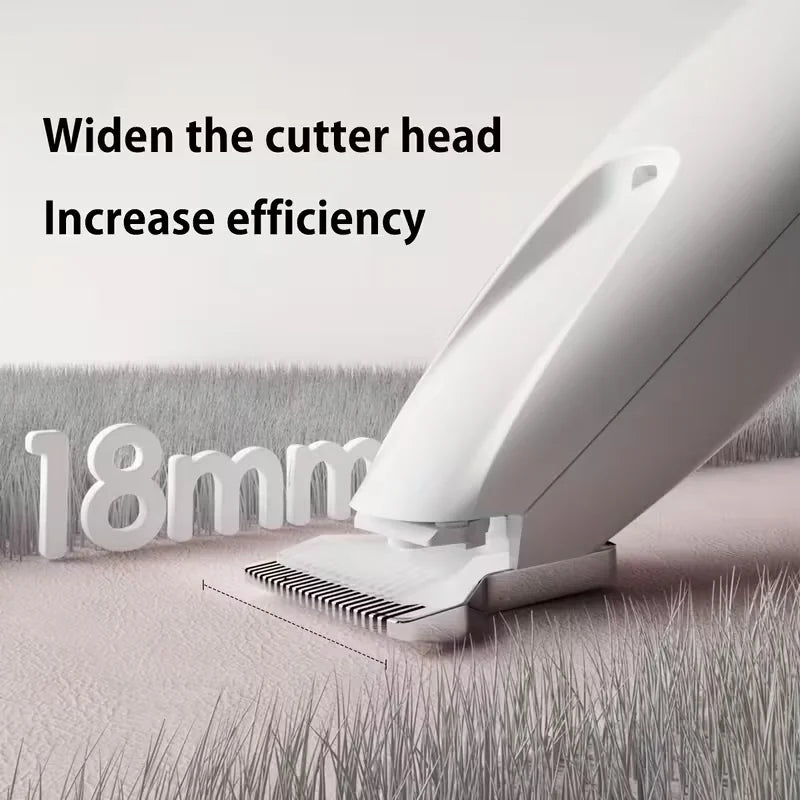 White electric pet hair trimmer with 18mm wide blade for precise grooming of cat and dog paws, eyes, and ears.