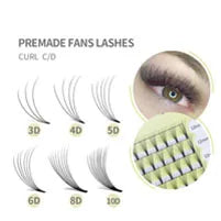Premade fan eyelash extensions with C/D curls, available in 3D to 10D densities, shown on a tray and applied to an eye.