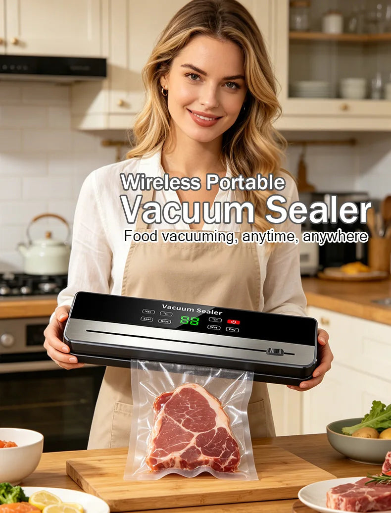 Portable Vacuum Sealer with Strong Suction & USB Wireless Charging | Dry/Wet Food Sealing for Kitchen
