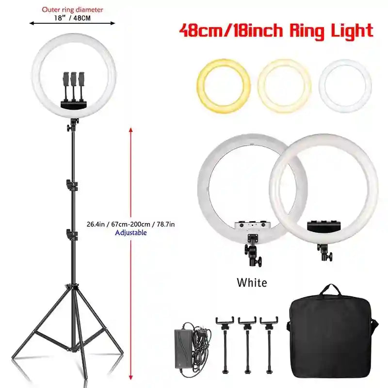 18 Inch Ring Light with Tripod Stand - Adjustable Professional LED Lamp 200 White cm Tidesmit