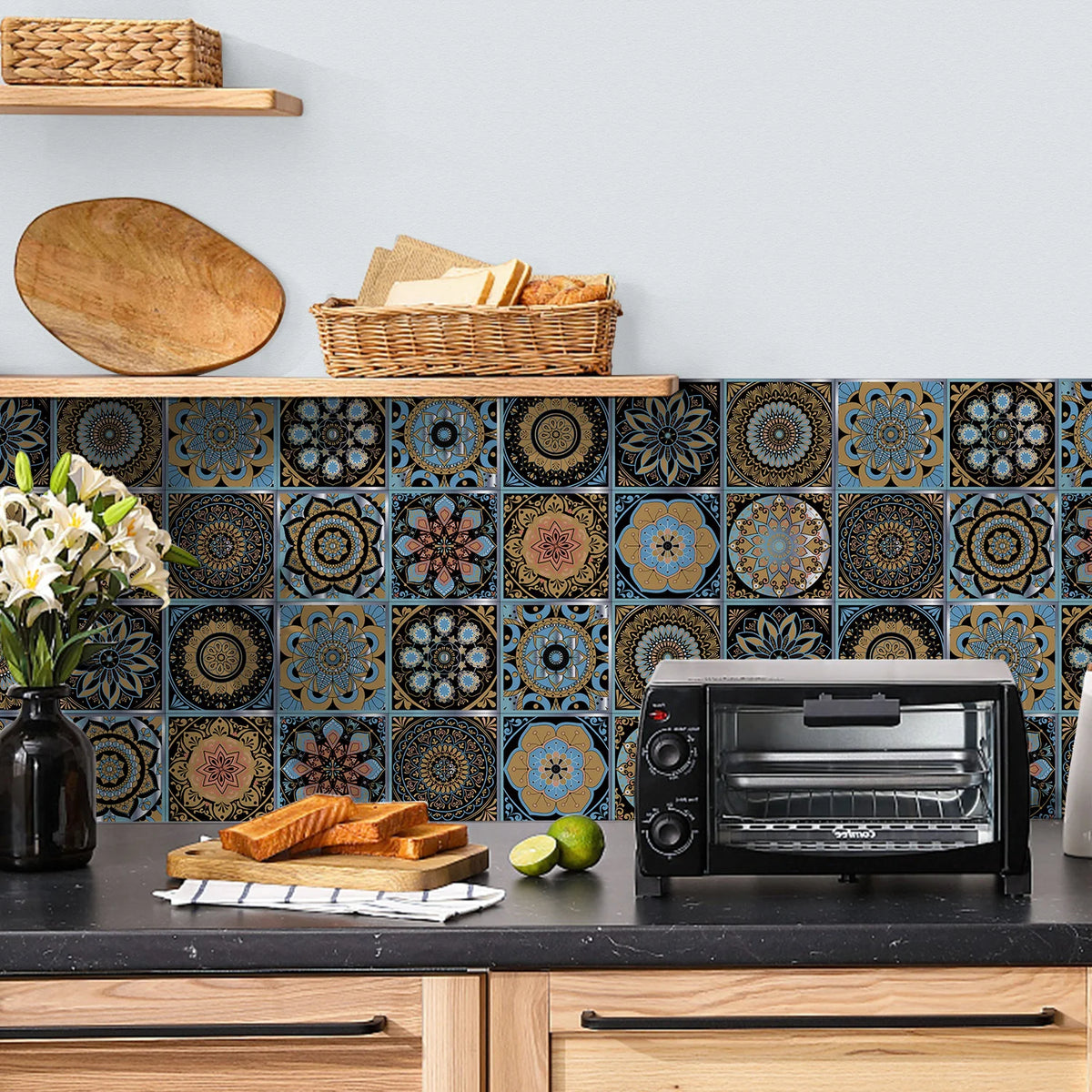 Dark blue tile-pattern self-adhesive wallpaper with mandala and floral mosaic tiles