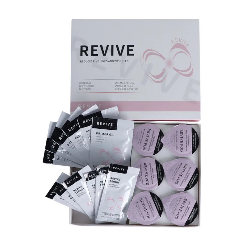 Revive oxygen facial kit with exfoliating pods, primer gel, and serum packets for skin rejuvenation and anti-aging.