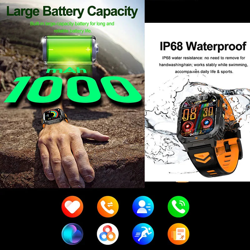 Hot Sell Gifts 2026 New Military SmartWatch Men Outdoor Sports IP68 Waterproof  LED Bluetooth Call Health Monitoring Men Women