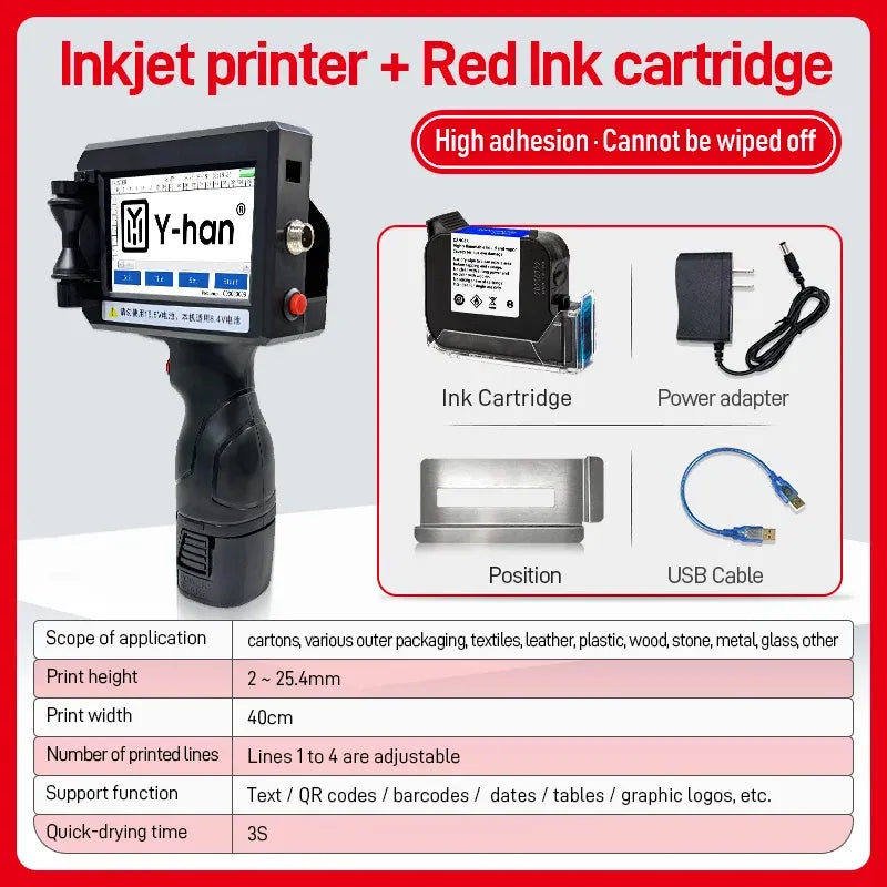 Handheld inkjet printer kit with red ink cartridge, power adapter, and USB cable