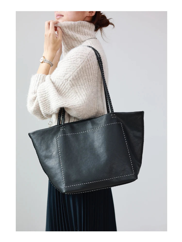 Women Large Capacity Genuine Leather Tote Soft Shoulder Bag
