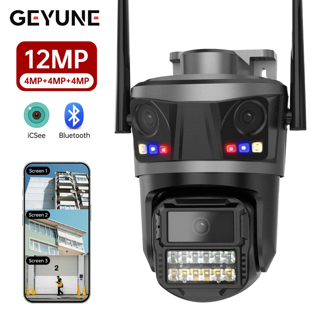 Three Lens Outdoor 6K HD WIFI IP Camera Three Screen PTZ Camera AI Human Detection IP66 Waterproof CCTV Video Surveillance ICsee