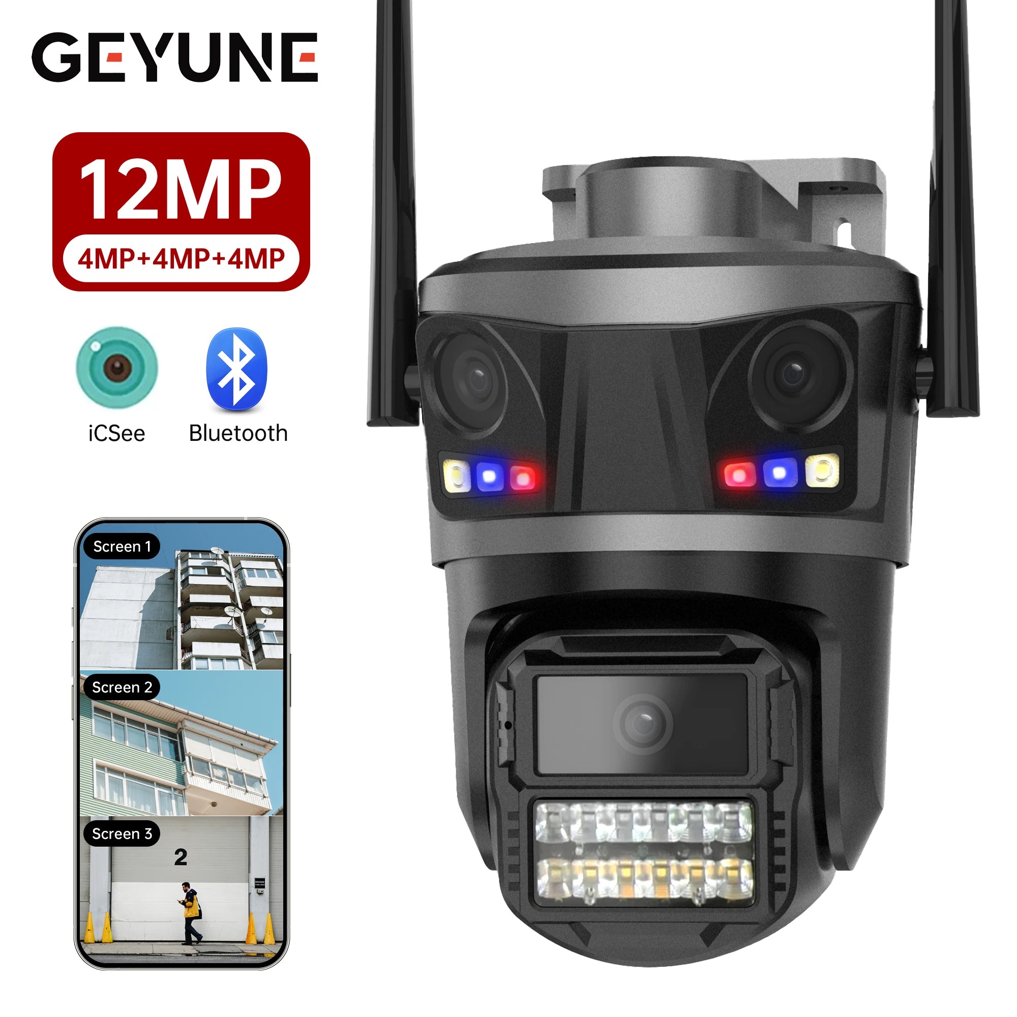Three Lens Outdoor 6K HD WIFI IP Camera Three Screen PTZ Camera AI Human Detection IP66 Waterproof CCTV Video Surveillance ICsee