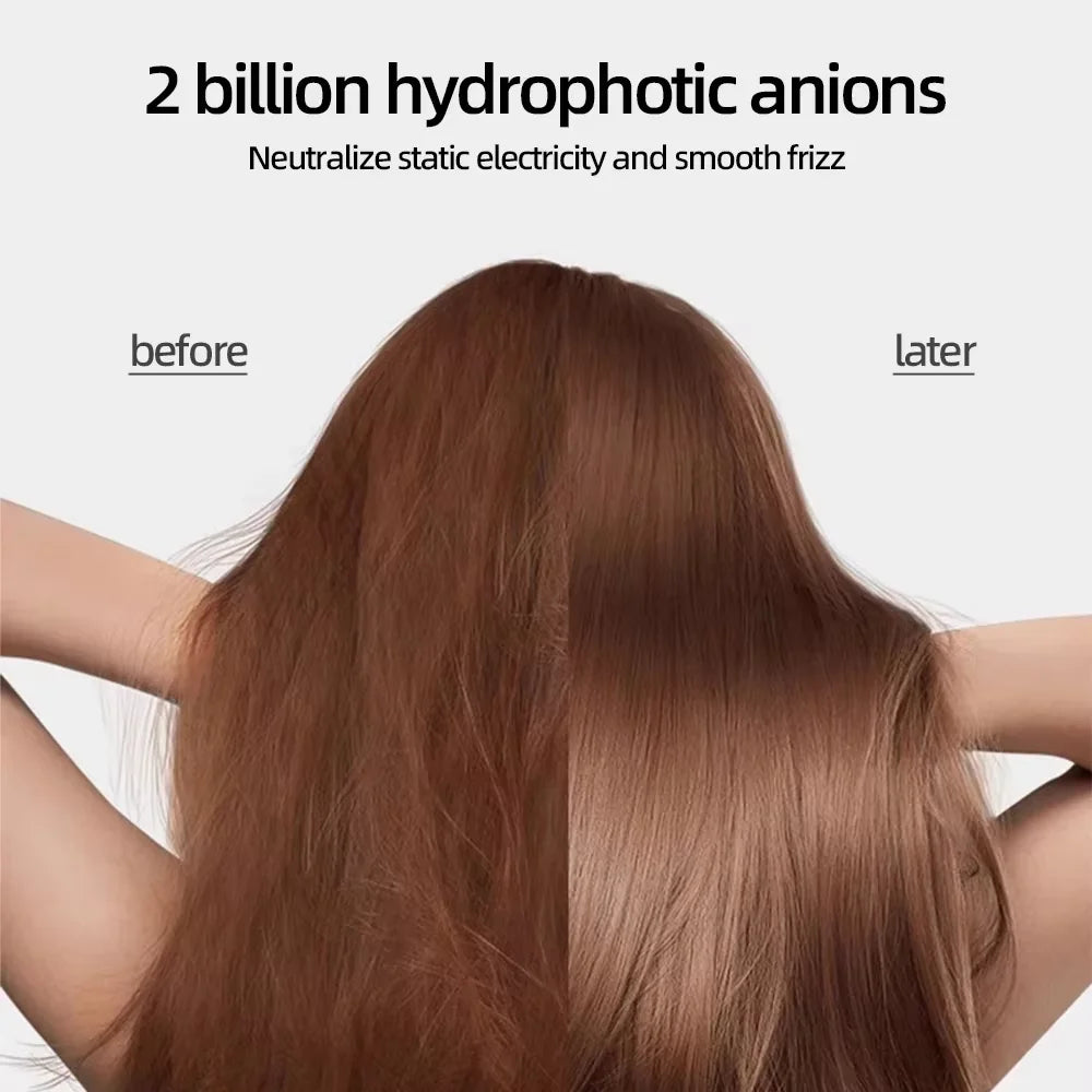 Hair before and after using negative ion hair dryer to smooth frizz and reduce static with 2 billion hydrophobic anions.