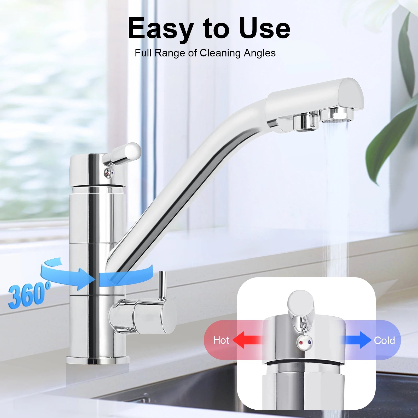 3 in 1 Water Filter Tap 360° Rotatable Three-Way Kitchen Faucet Hot and Cold Water Osmosis System Tap