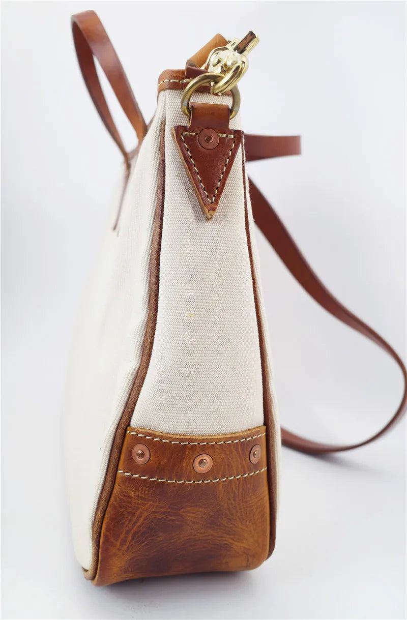 Simple designer handmade thick canvas cow leather men women's handbags outdoor daily work travel large-capacity messenger bag