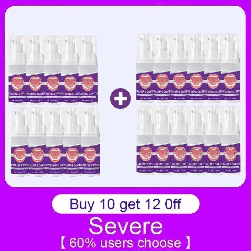 Twenty-two white pump bottles of dental cavity repair foam with purple labels showing a graphic of teeth.