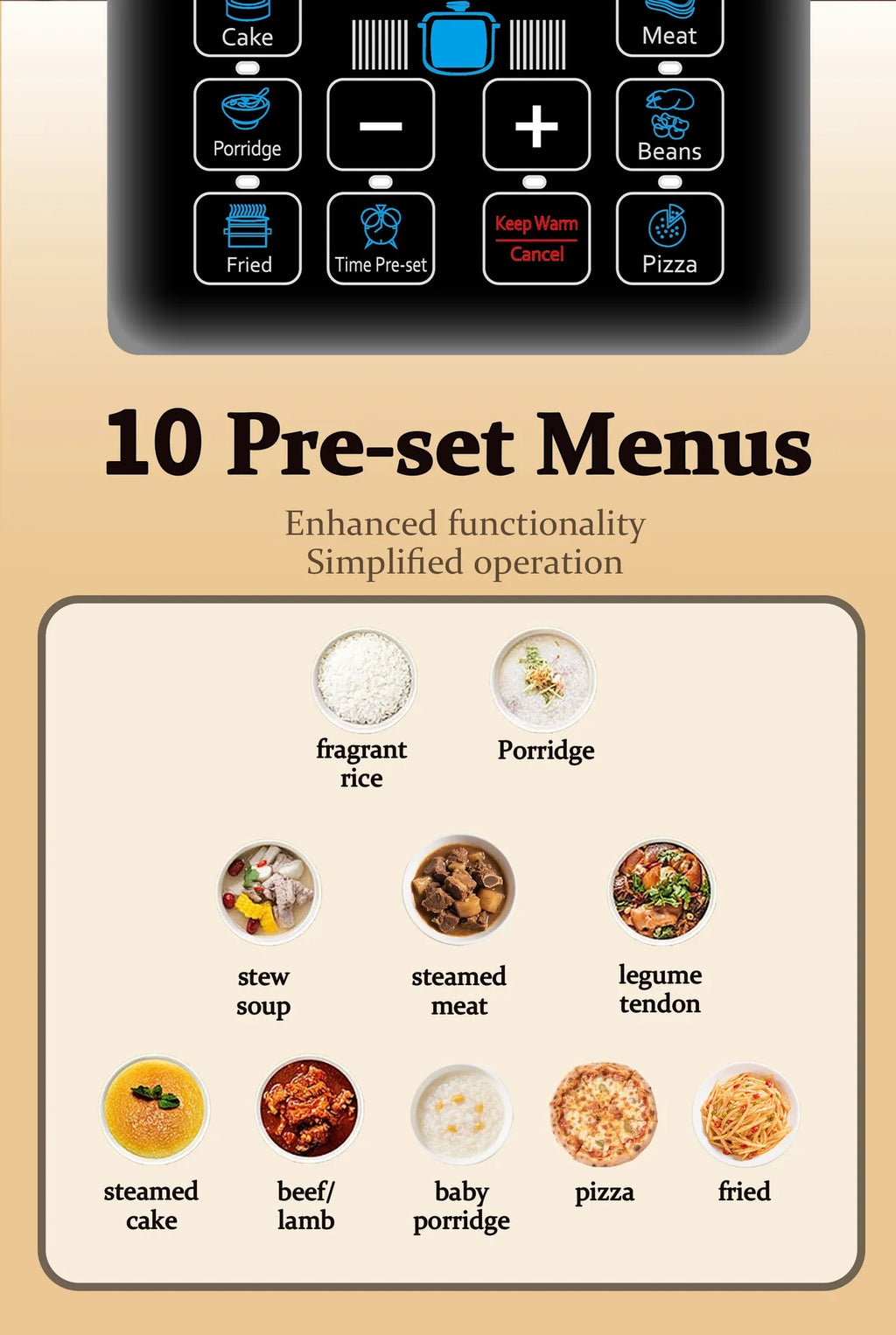 Electric pressure cooker digital control panel with multiple program icons and buttons