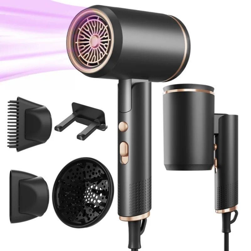 Black and gold 2400W foldable hair dryer with ionic airflow, nozzles, and diffuser for professional hair styling.