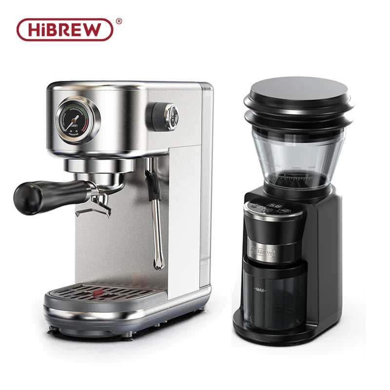 HiBREW silver espresso machine with pressure gauge and black electric coffee grinder set on white background.