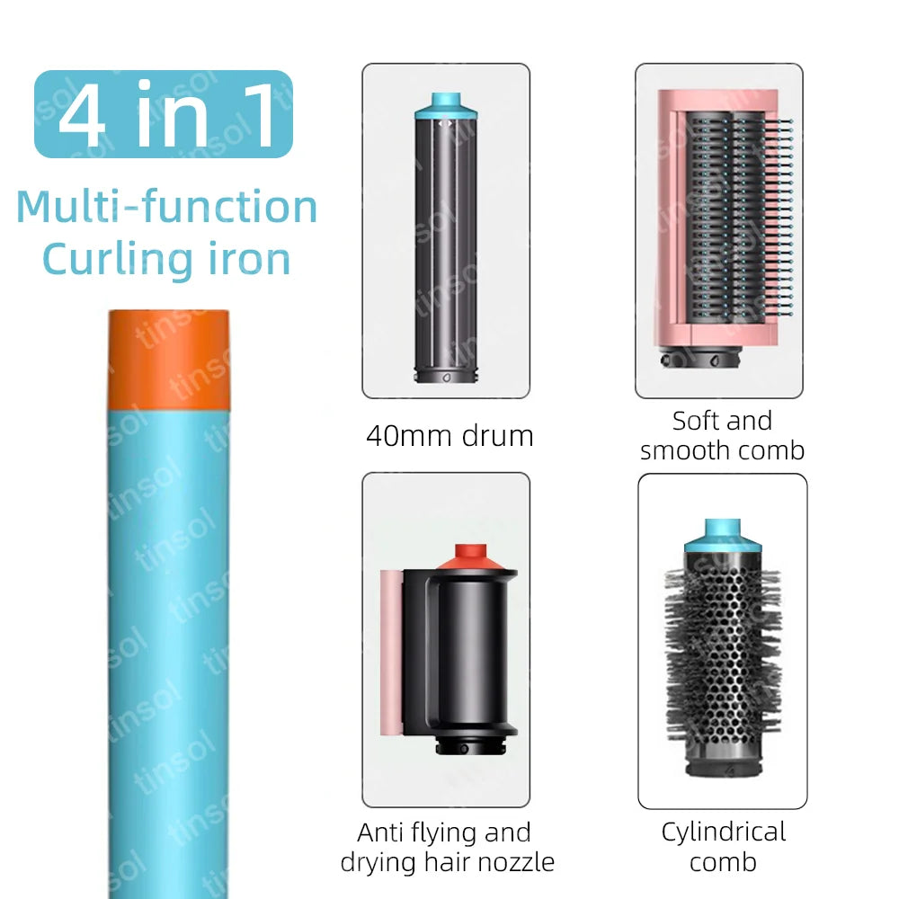 4-in-1 hair dryer styling set with curling drum, smoothing brush, and drying nozzle for versatile salon-style hair.