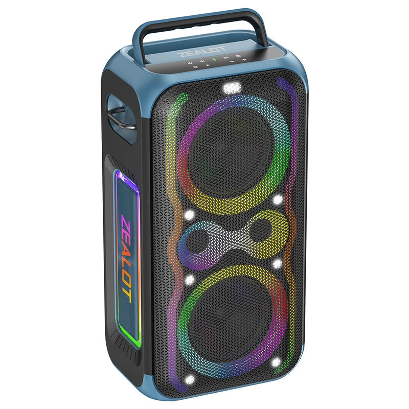 Portable Bluetooth speaker in dark blue with dual RGB-lit woofers and carry handle