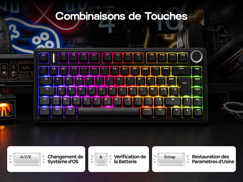 ISO-FR Layout AULA F75 75% AZERTY French Layout Wired/Bluetooth/2.4G Wireless Mechanical Gaming Keyboard RGB Backlighting 4000mAh Battery For Win/Mac