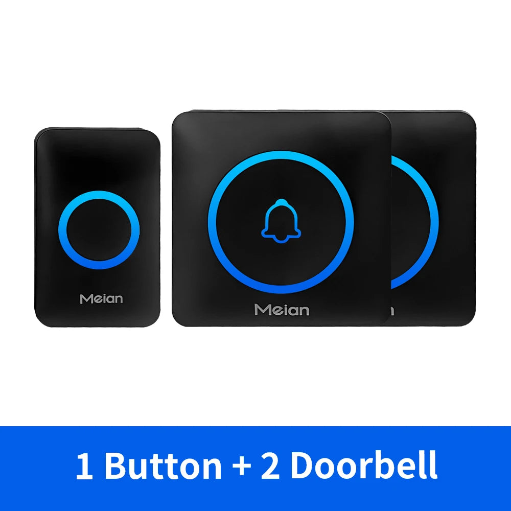 Black wireless doorbell receiver with blue LED bell ring and matching button