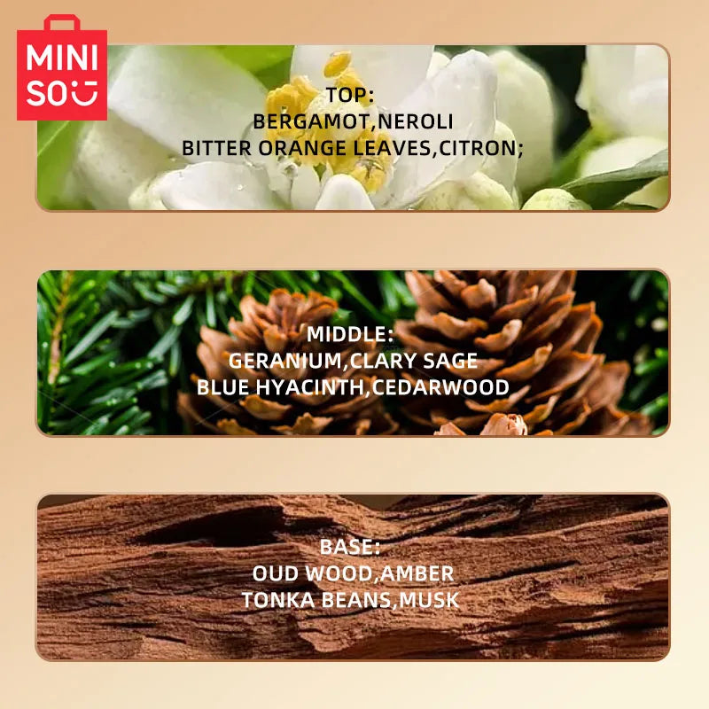 MINISO Noble Gold EDP for men: Luxury woody 100ml fragrance with bergamot, cedarwood, and oud notes. Stylish scent.