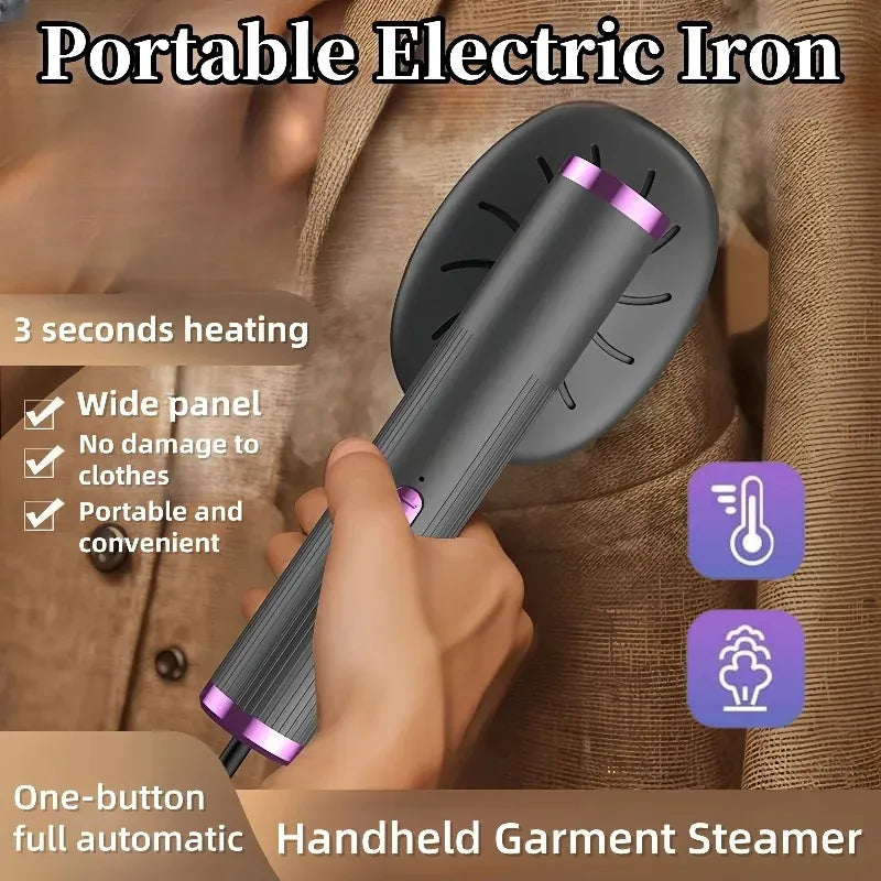 Portable electric iron handheld garment steamer smoothing wrinkles on a jacket for quick travel touch-ups.